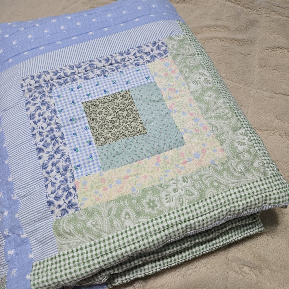 Vintage Log Cabin Lap Quilt stripe logcabin block squares blue green crib quilt - Picture 14 of 14